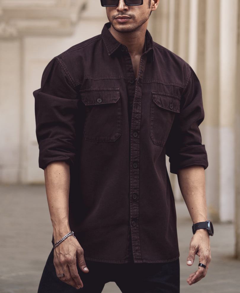 Dark Brown Denim Shacket Full Sleeves Shirt