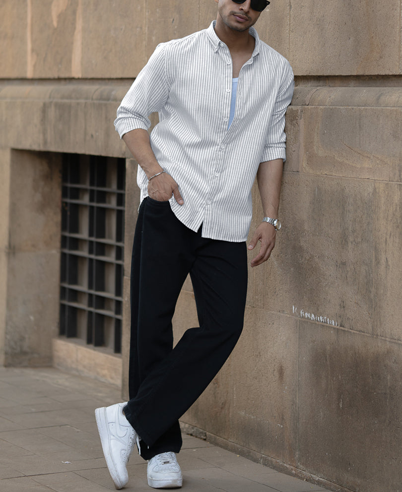 Light Grey Stripes Full Sleeves Regular Fit Shirt
