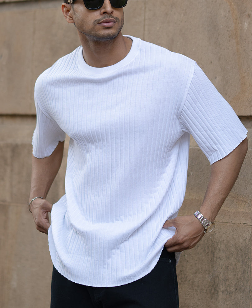 White Rib Knit T-Shirt