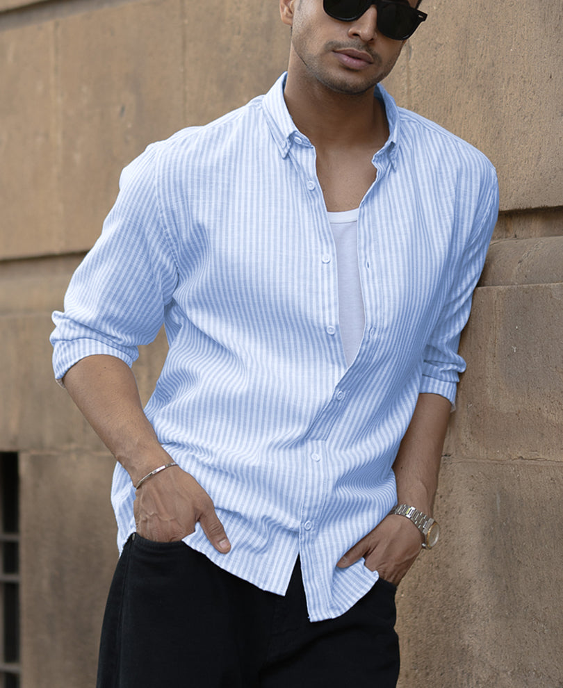 Light Blue And White Stripes Regular Fit Full Sleeves Shirt