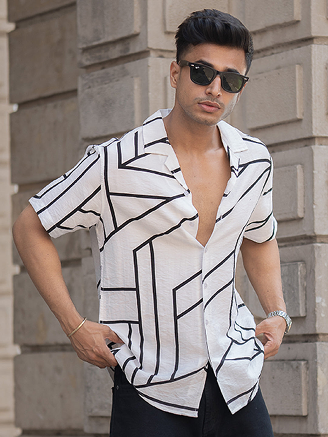 White Macro Geometric Print Shirt