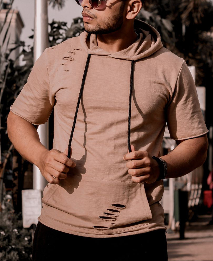 Beige Ripped Hood Half Sleeves T Shirt