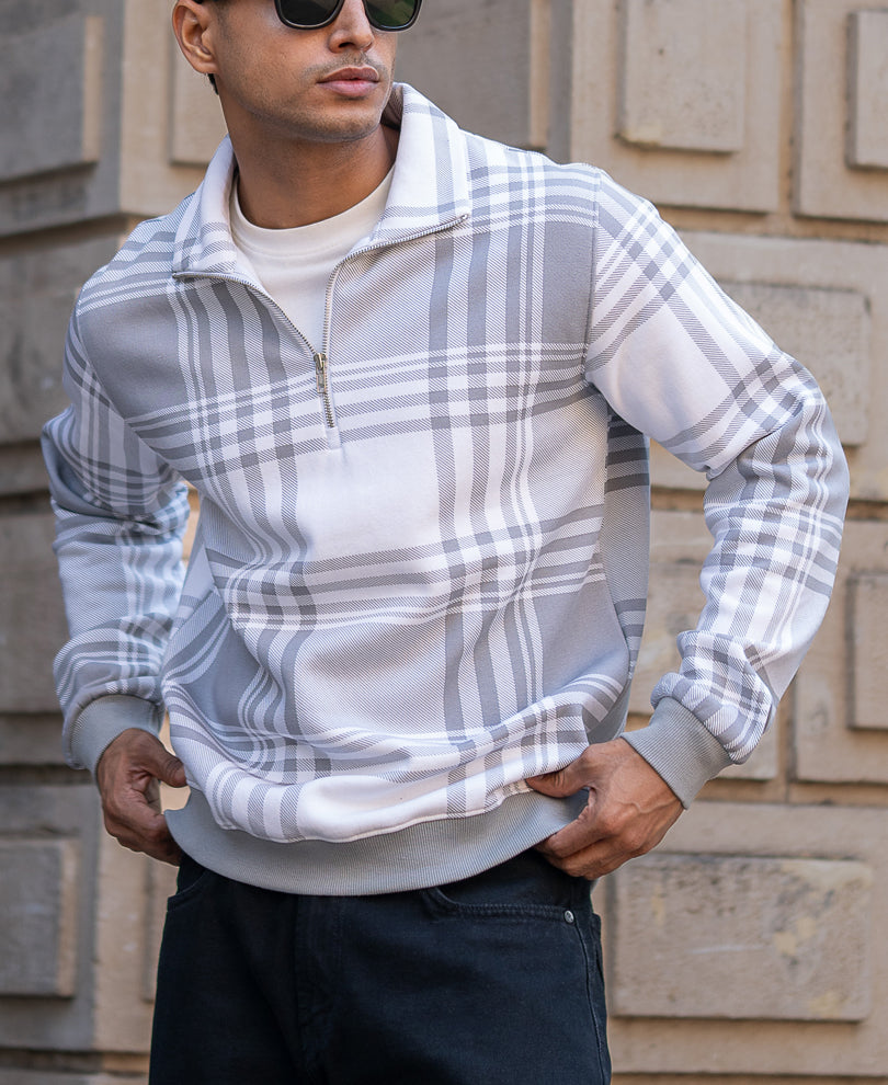 Grey Checked Regular Fit Sweatshirt