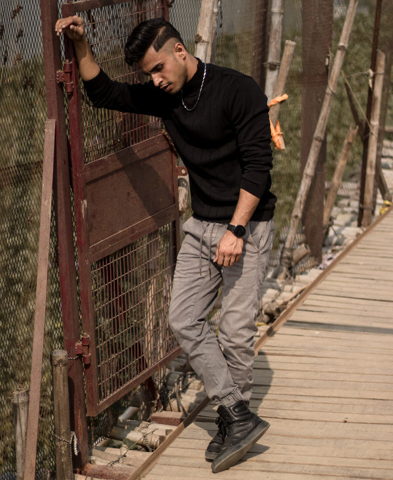 Black Knitted High Neck Full Sleeves T Shirt