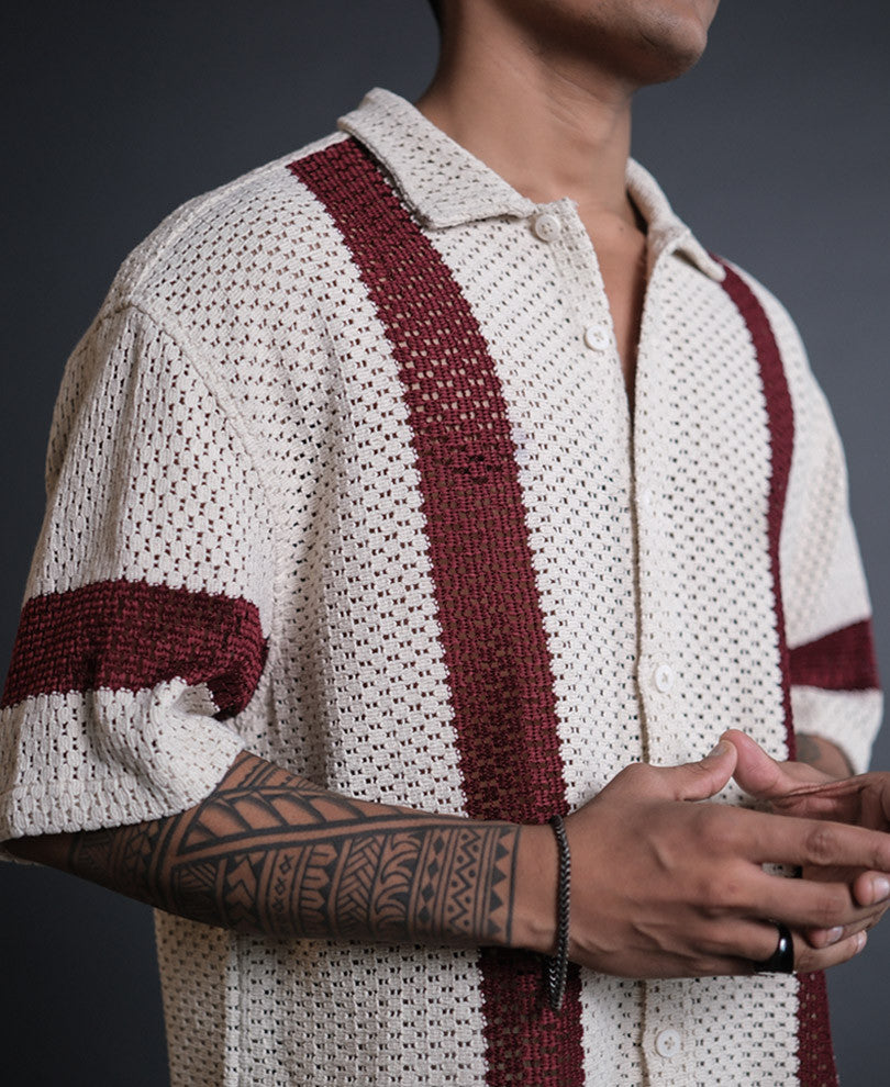 Off White and Maroon Crochet Knit Striped Oversized Shirt