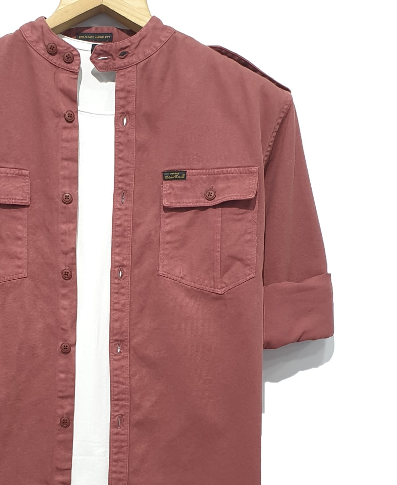 Maroon Chinese Collar Denim Casual Shirt