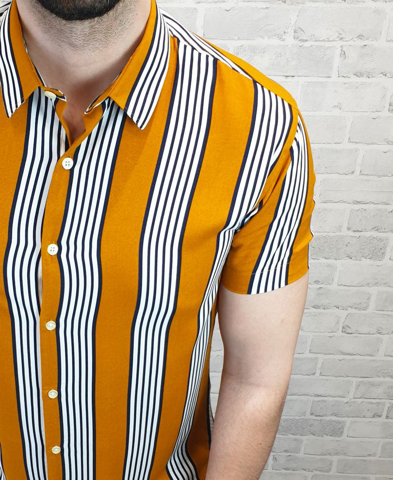 Mustard And Black Triple Stripe Half Sleeves Shirt
