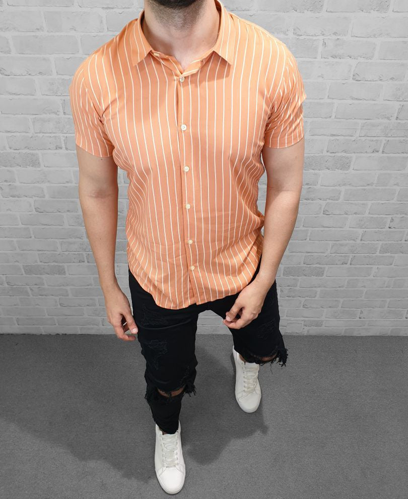 White And Pink Stripe Half Sleeves Shirt
