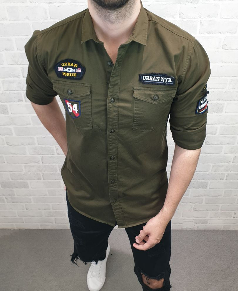Olive Green Patch Print Full Sleeves Shirt