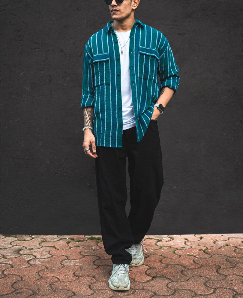 Green and Blue Structured Shacket Striped Oversized Shirt