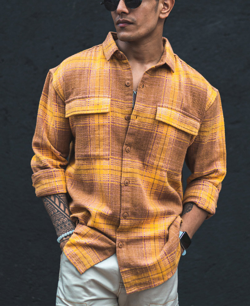Mustard and Brown Checks Shacket Oversized Shirt