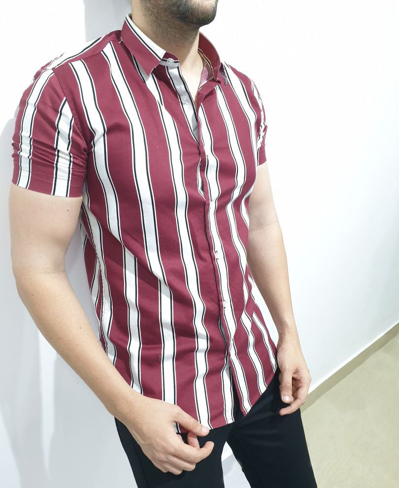 Maroon And White Stripes Print Half Sleeves Shirt