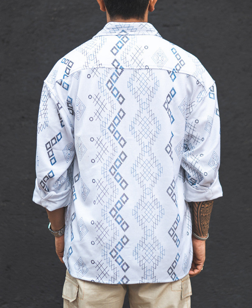 White Ethnic Print Oversized Shirt
