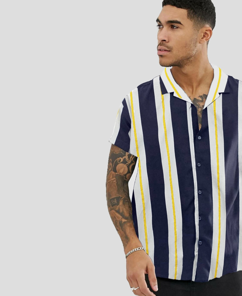 White And Yellow Stripes Print Half Sleeves Shirt