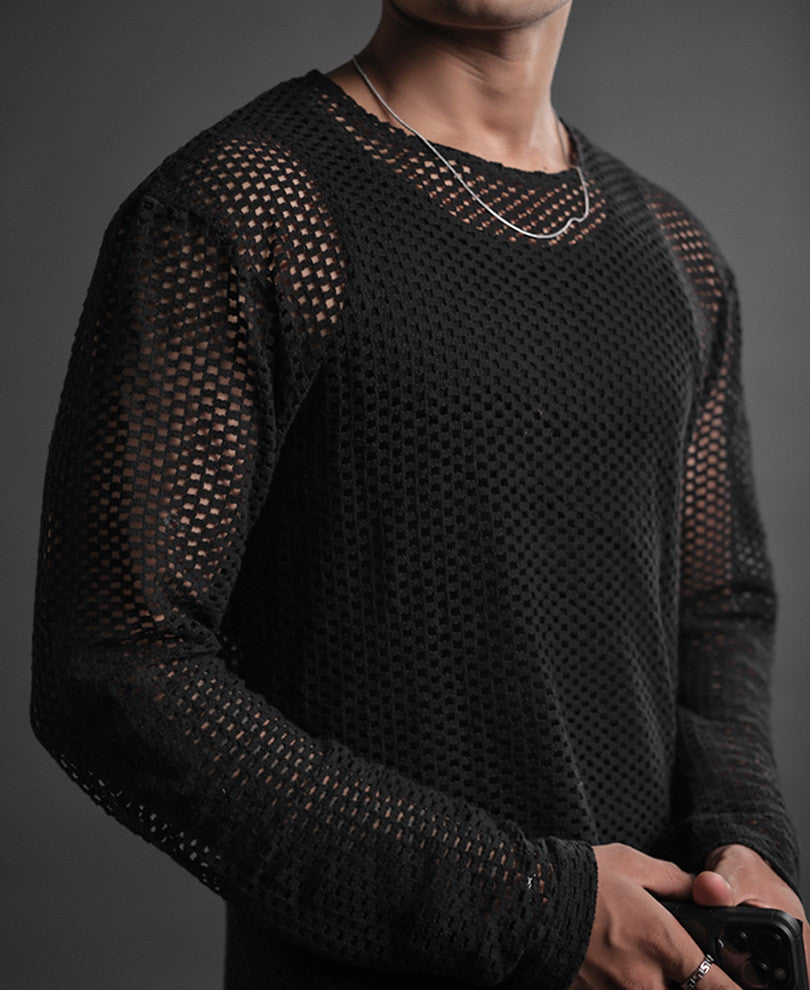 Black Crochet Full Sleeves Oversized T Shirt