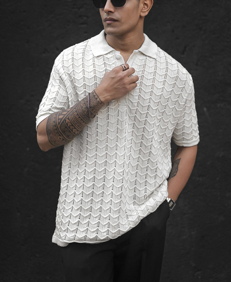 Off White Crochet Half Sleeves T Shirt