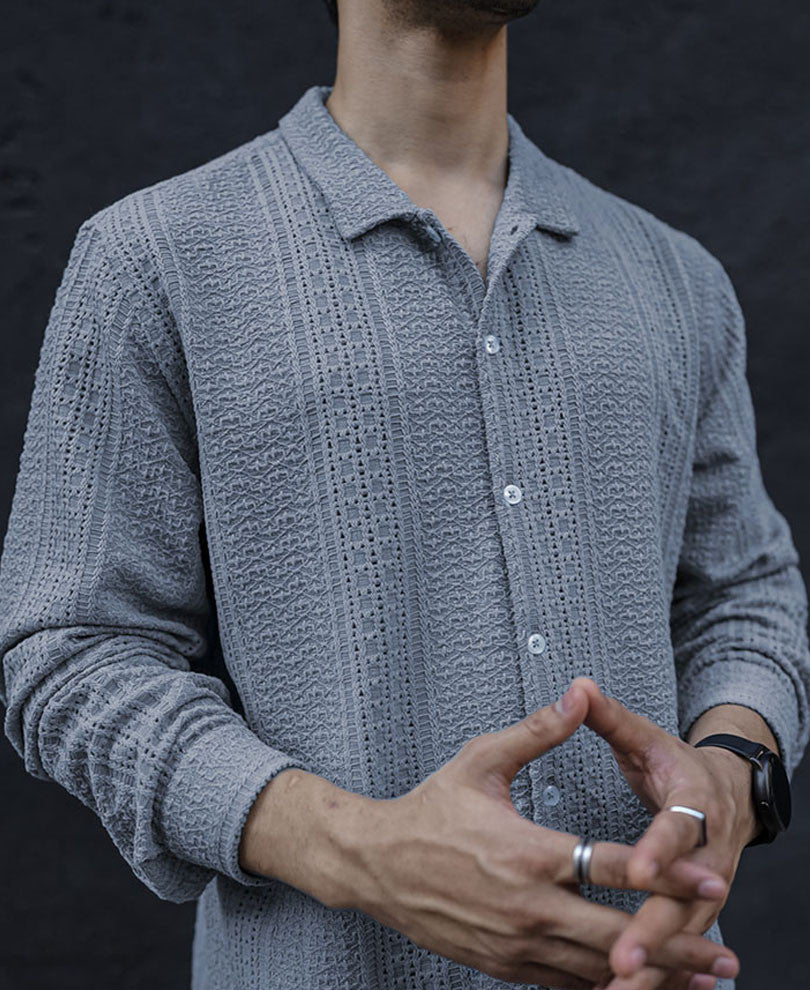 Sky Grey Structured Crochet Full Sleeves Shirt