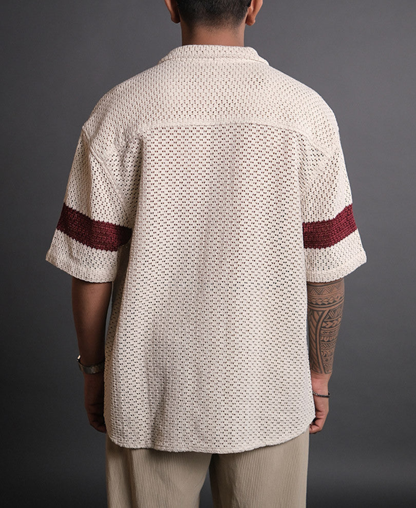 Off White and Maroon Crochet Knit Striped Oversized Shirt
