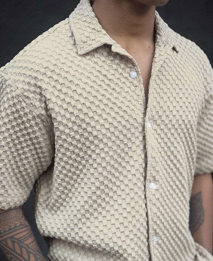 Cream Textured Oversized Half Sleeves Shirt