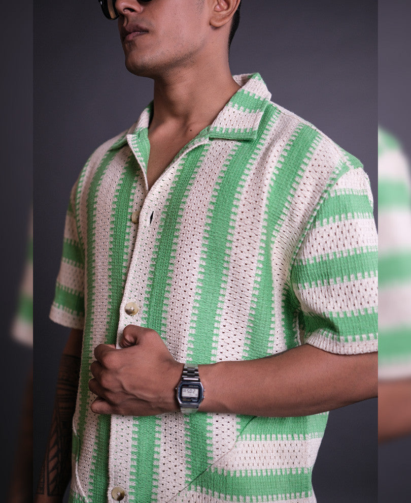 Off White and Green Crochet Knit Striped Oversized Shirt