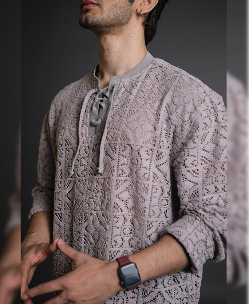 Grey Crochet Knit Oversized Kurta Style Full Sleeves Shirt
