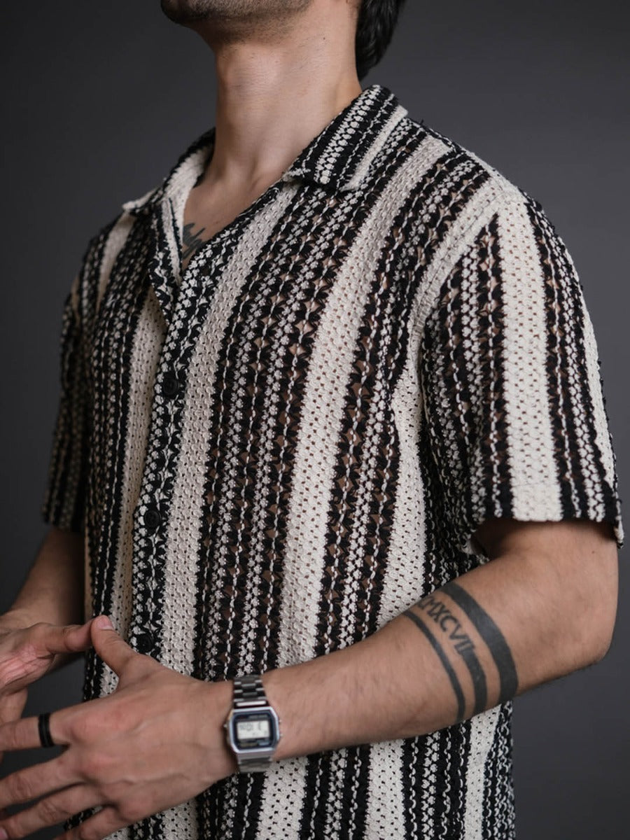 Black and White Crochet Knit Striped Half Sleeves Shirt