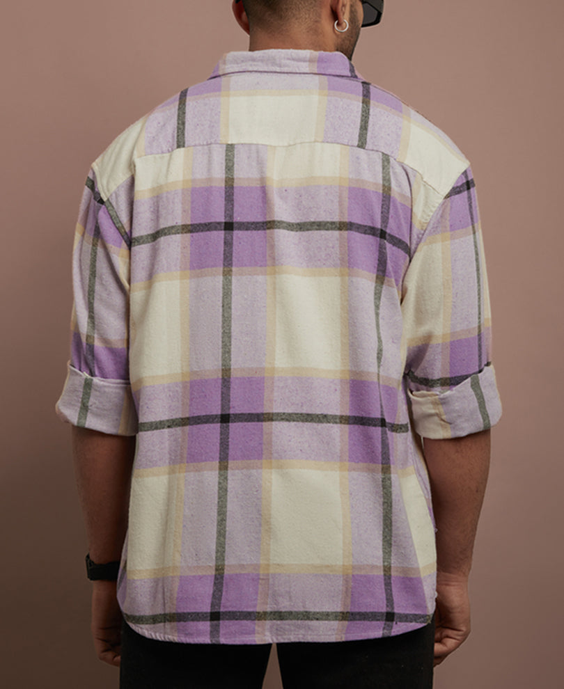 Purple and White Checks Oversize Drop Shoulder Shirt