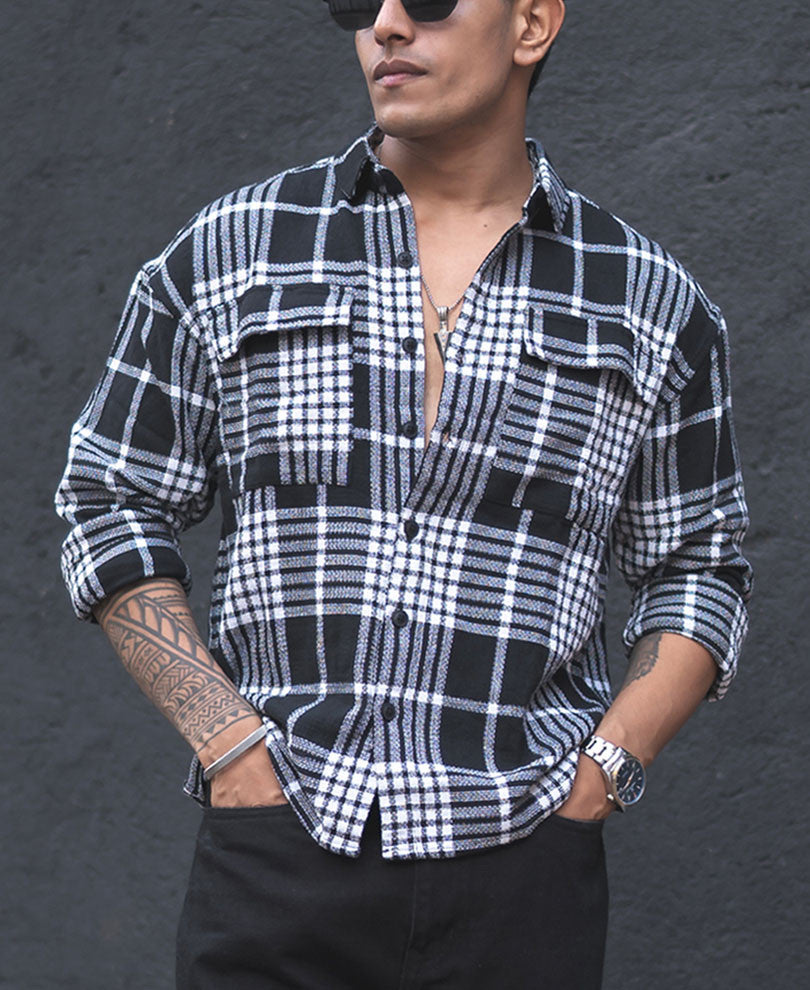 Black Plaid Checks Oversize Drop Shoulder Shirt