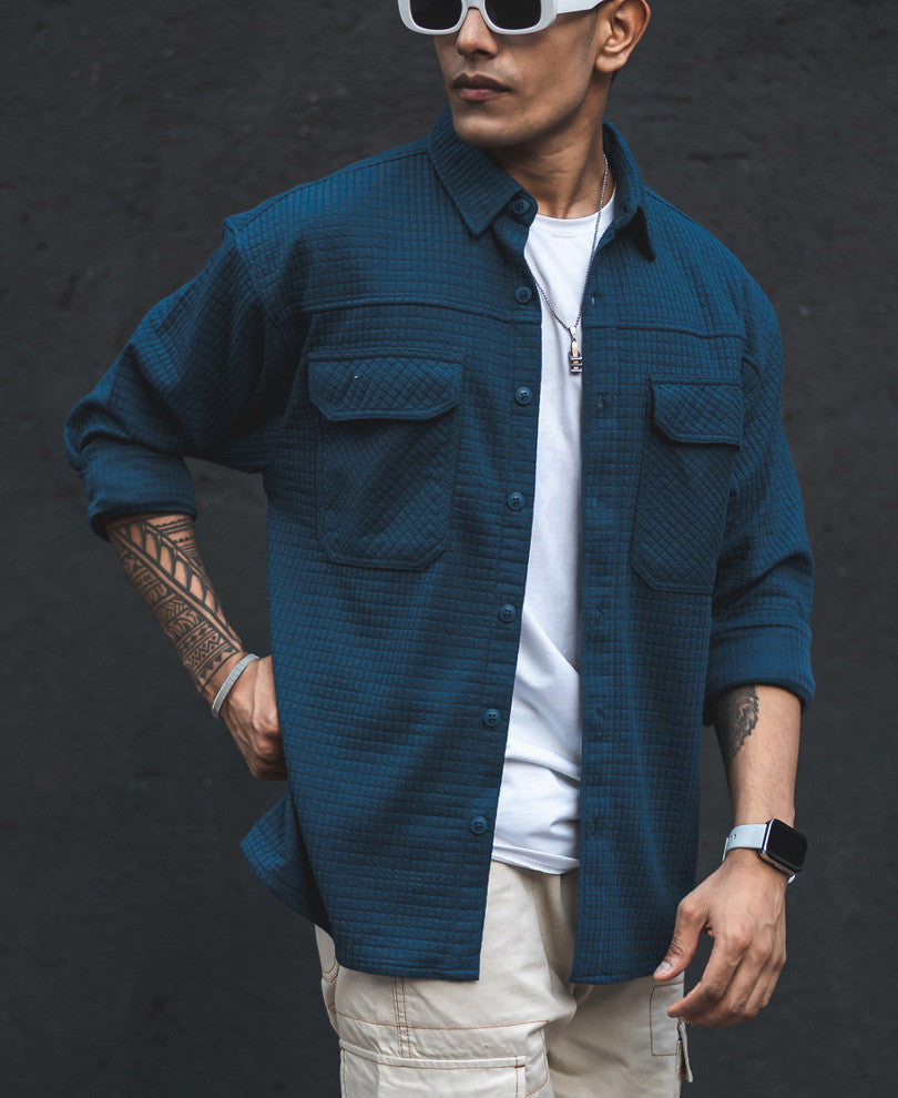Teal Blue Structured Knit Shacket Oversized Shirt