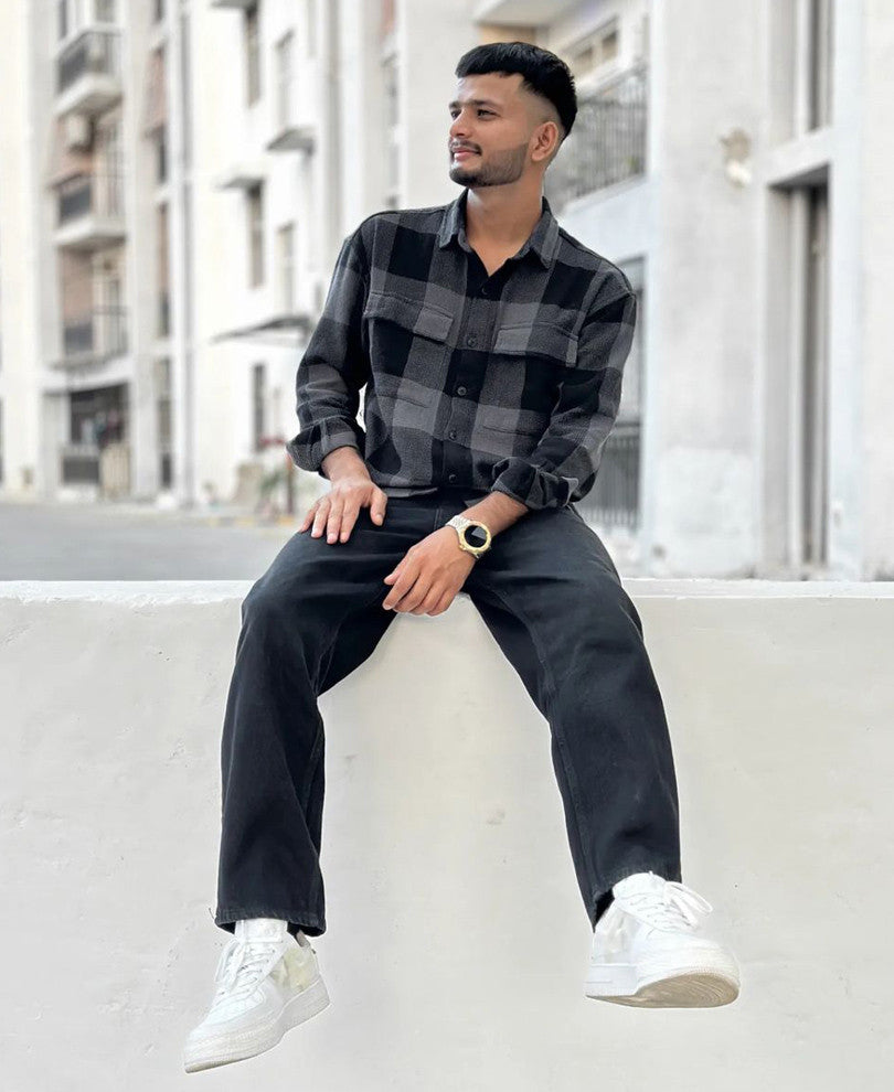 Charcoal Black Checks Structured Oversize Drop Shoulder Shirt