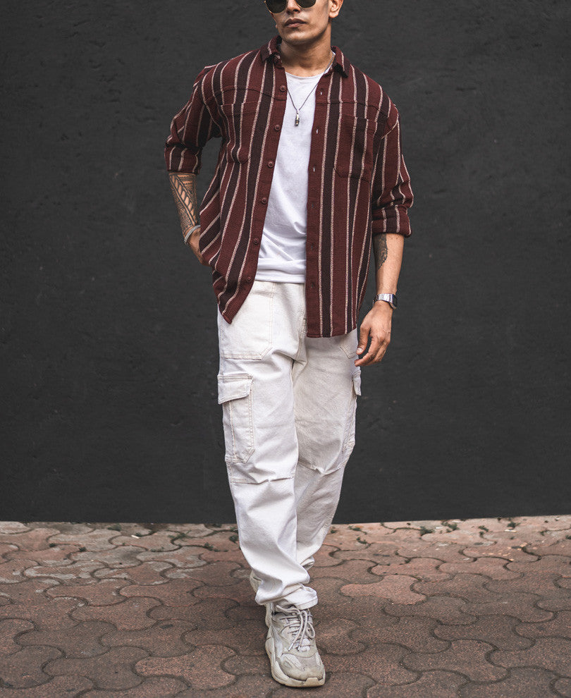 Brown and Maroon Structured Striped Oversized Shirt