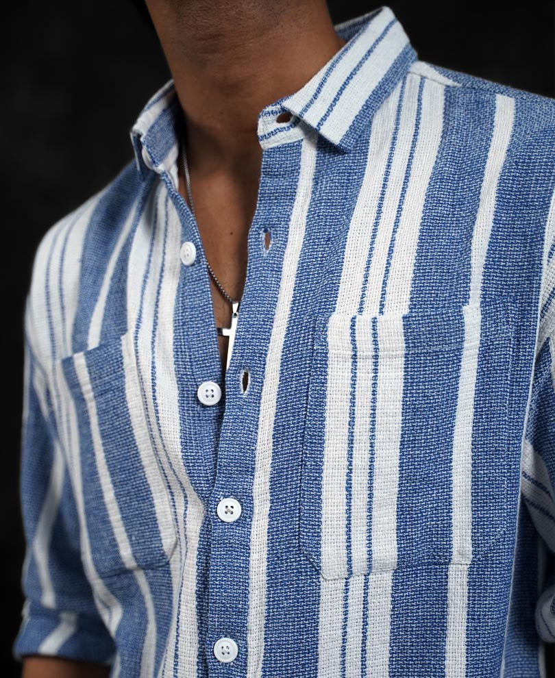 White and Blue Structured Striped Oversized Shirt