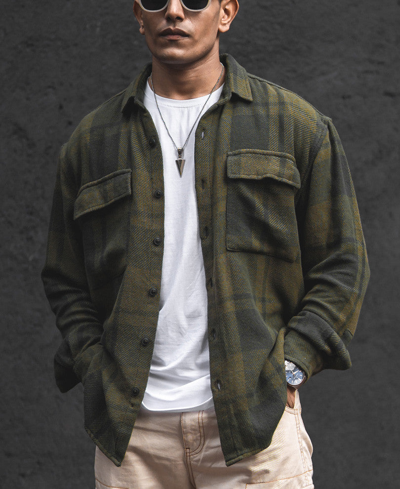 Olive Green Structured Flannel Checks Shacket Oversized Shirt