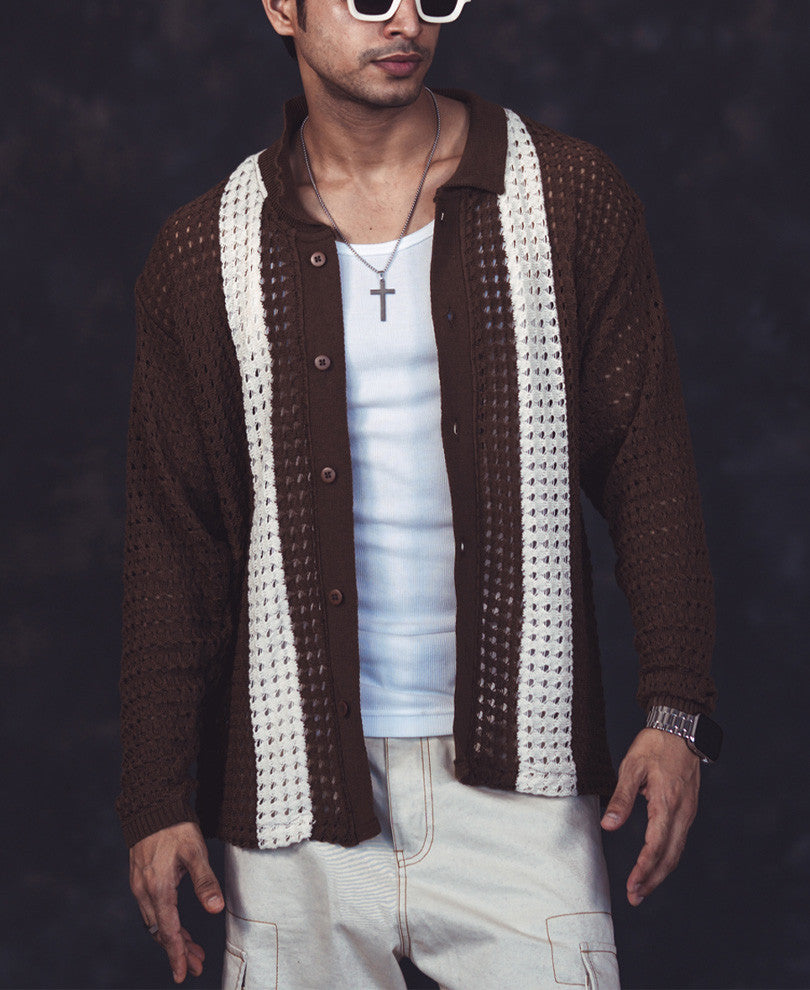 Brown and White Crochet Knit Striped Oversized Shirt