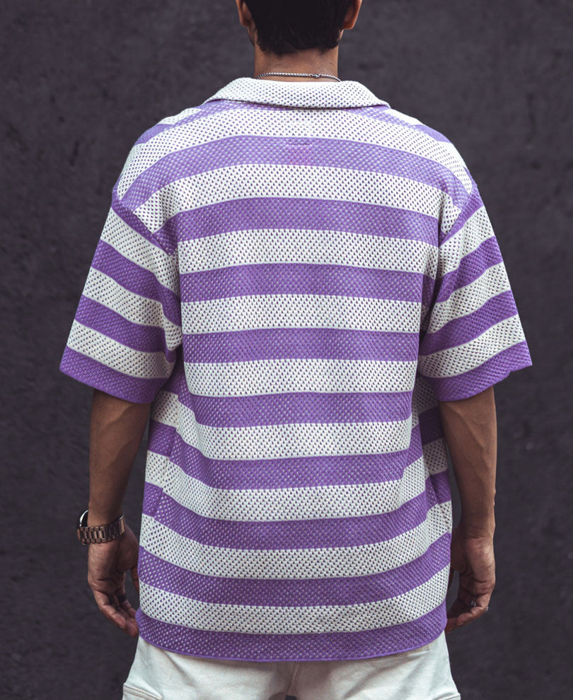 White and Lavender Crochet Knit Striped Oversized Shirt
