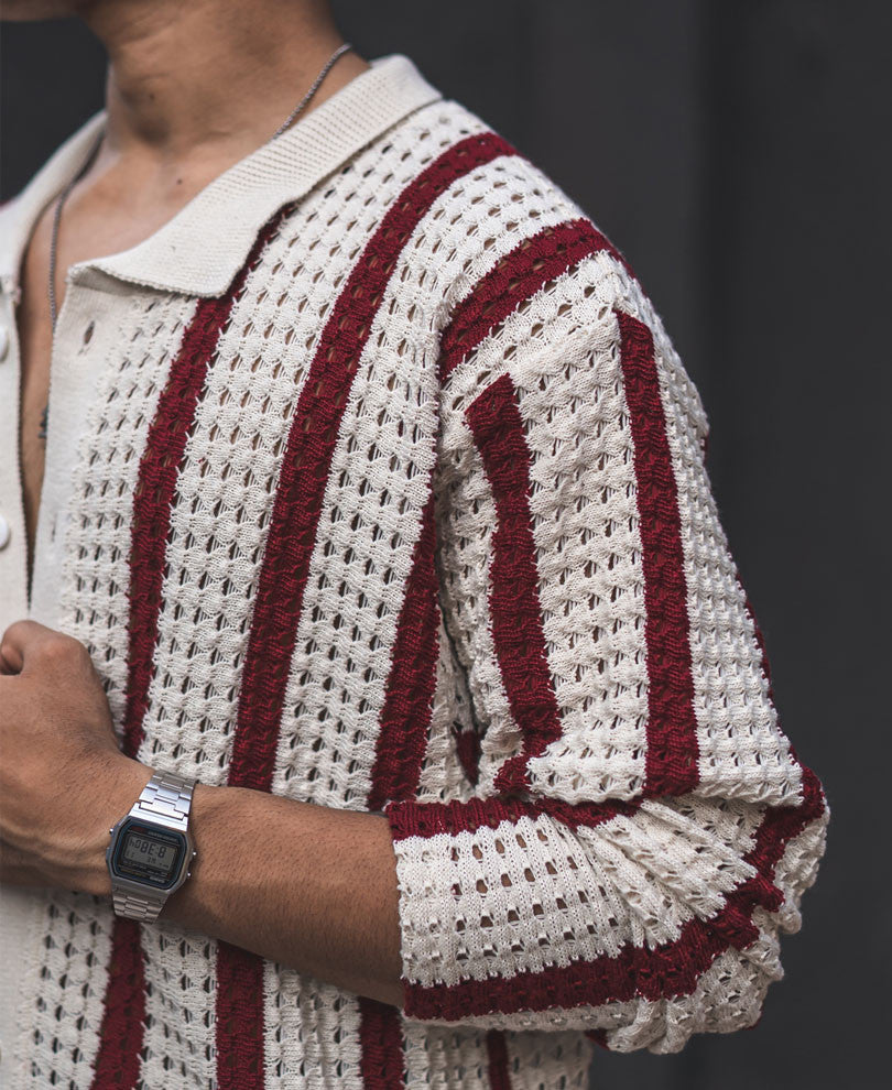 Off White and Maroon Striped Crochet Knit Oversized Shirt
