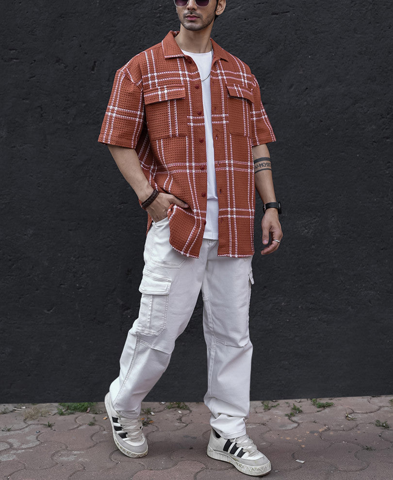 Orange Structured Checks Oversized Half Sleeves Shirt