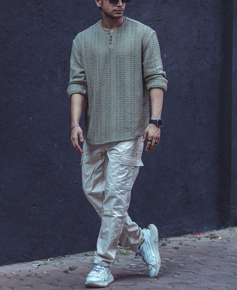 Green Crochet Knit Oversized Kurta Style Shirt