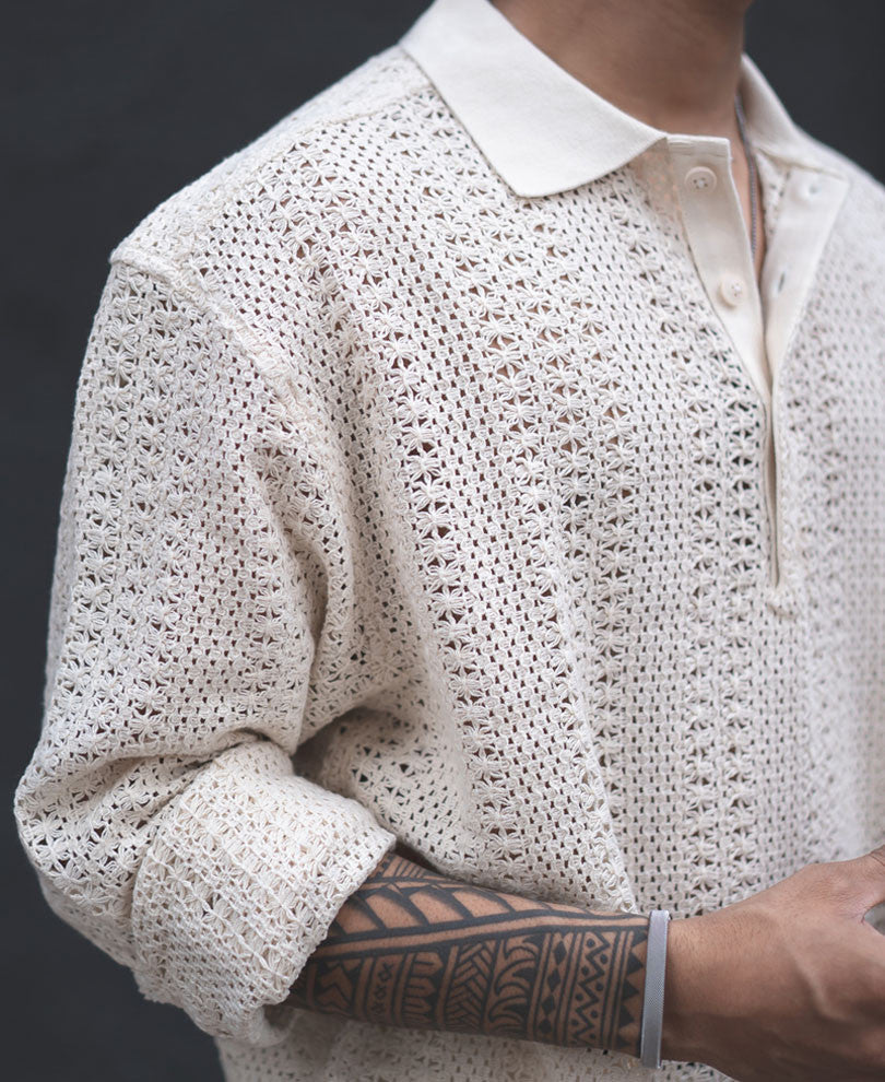 Light Cream Crochet Knit Oversized Kurta Style Shirt
