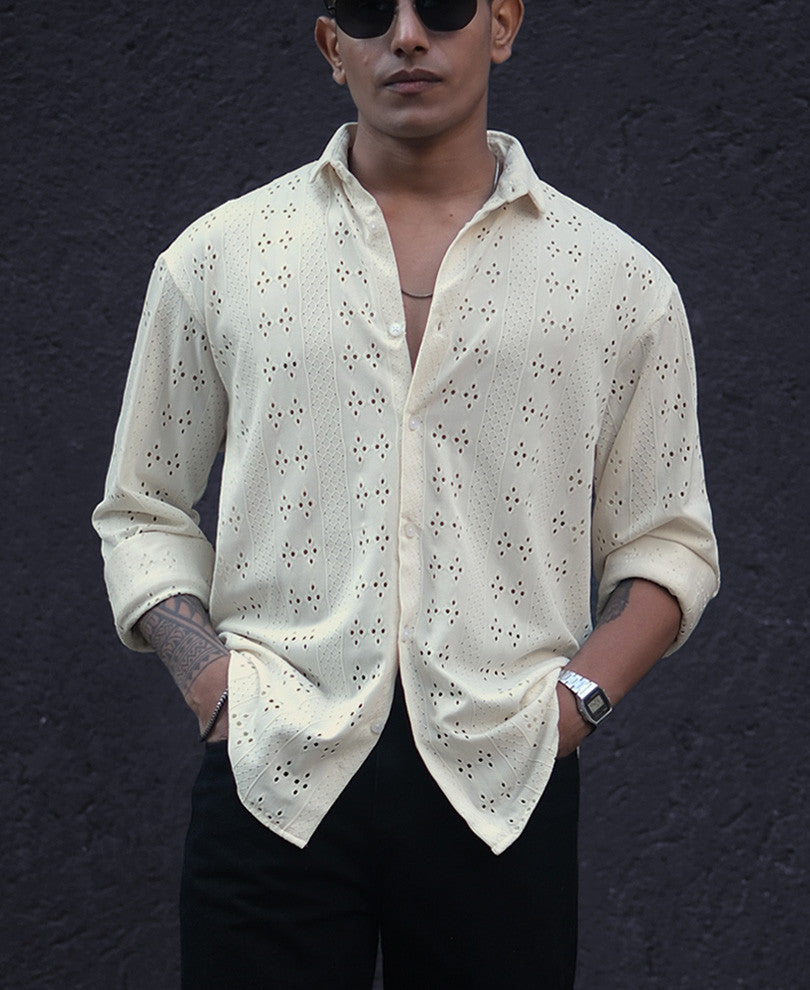Cream Structured Crochet Knit Oversized Shirt