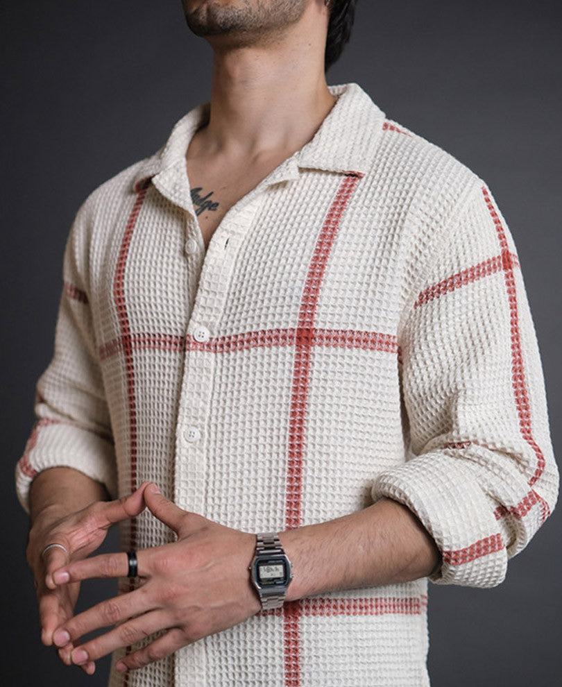 Off White Structured Checks Full Sleeves Shirt
