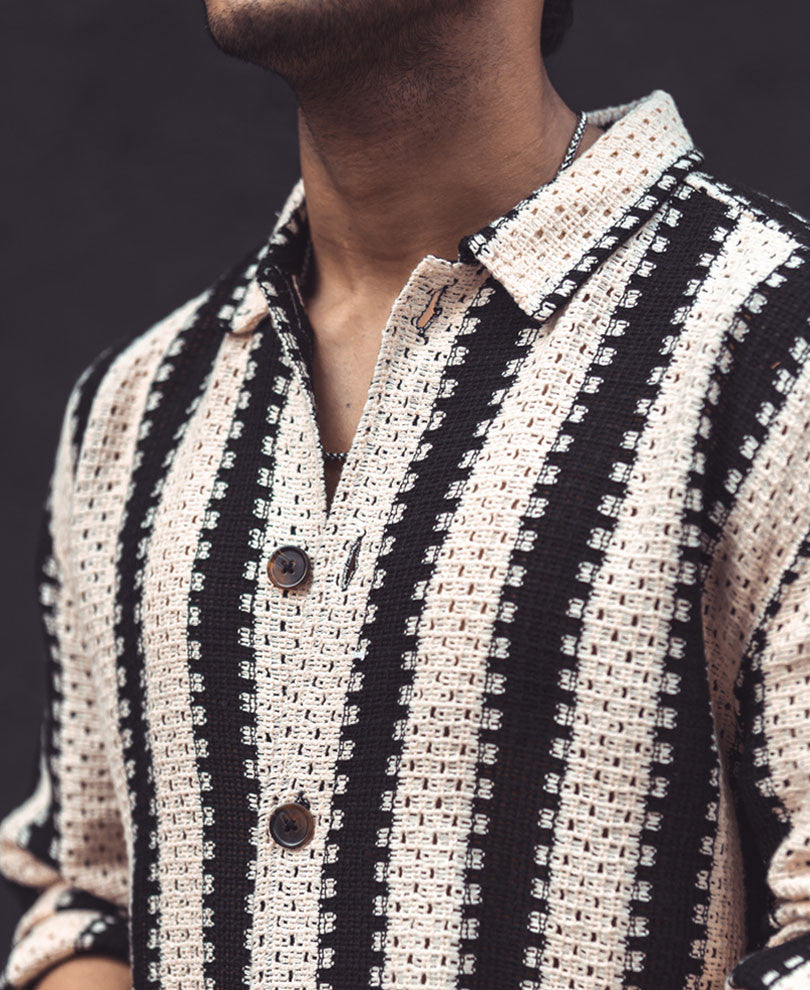 Black and White Crochet Knit Striped Oversized Shirt