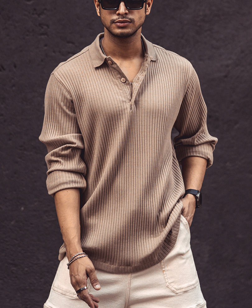 Beige Rib-Knit Full Sleeves T-Shirt
