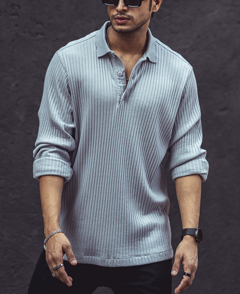 Light Grey Rib-Knit Full Sleeves T-Shirt