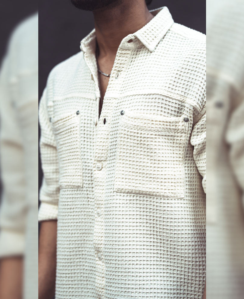 Off White Structured Oversized Full Sleeves Shirt