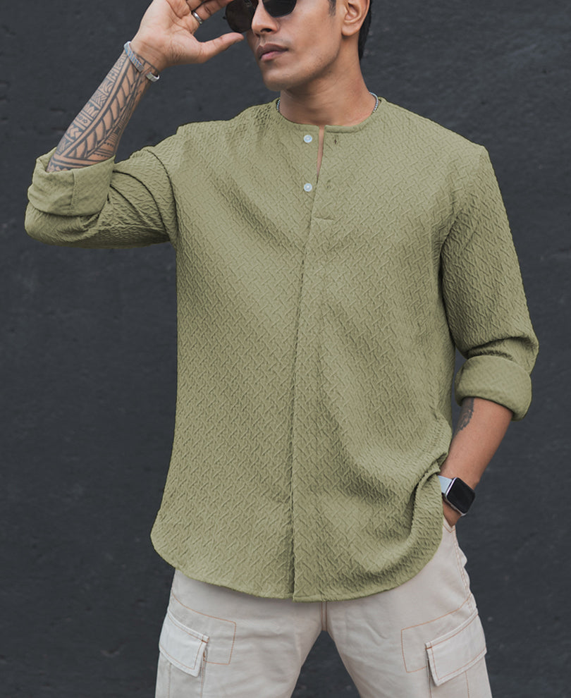 Olive Green Structured Henly Neck Full Sleeves Shirt