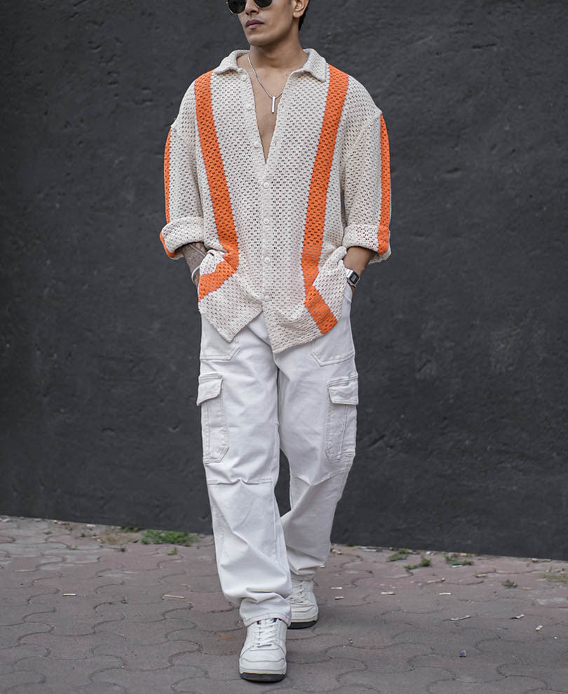White and Orange Crochet Striped Oversized Shirt