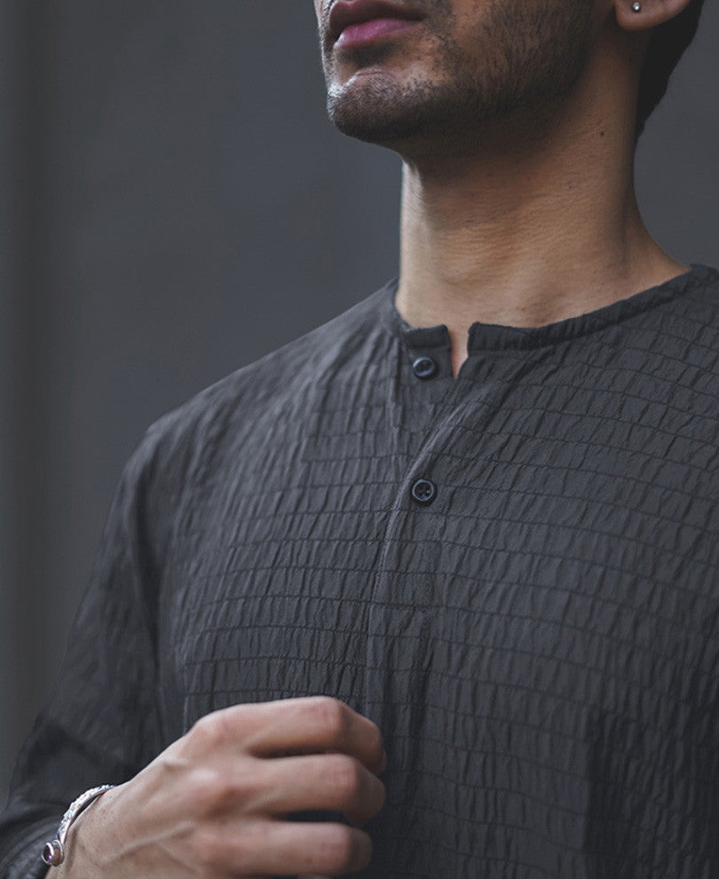 Dark Grey Structured Kurta Style Full Sleeves Shirt