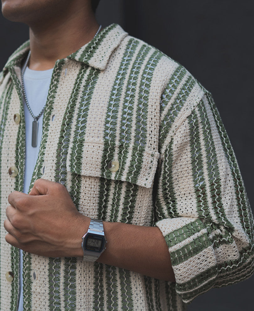 Off White and Green Crochet Striped Oversized Shirt