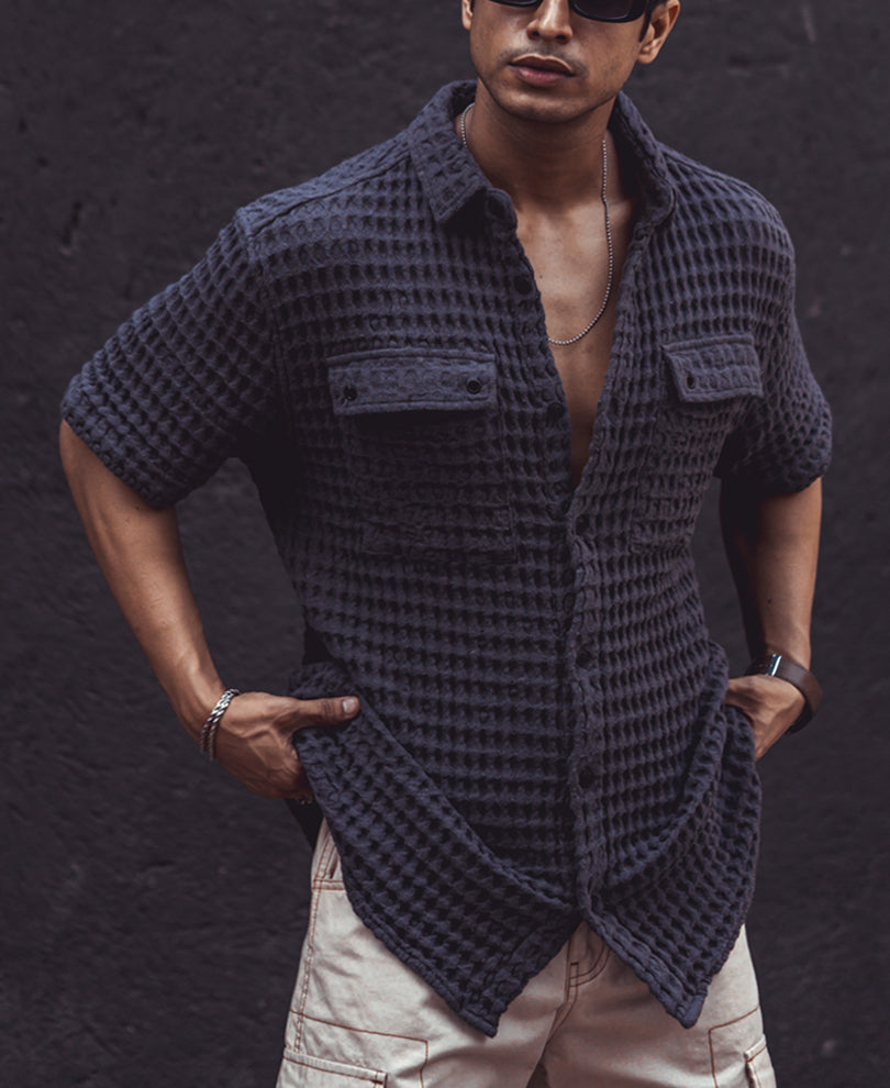 Dark Grey Structured Oversized Half Sleeves Shirt
